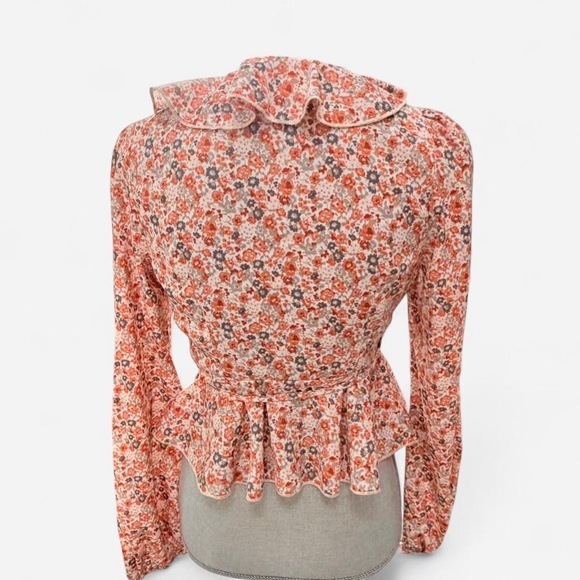 Ditzy floral blouse peplum barrel long sleeve deep-v neckline in Orange - Picture 4 of 9
